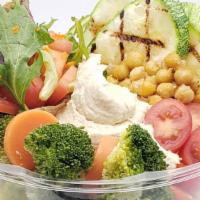 Vegan Bowl  · Hummus, mix green, carrot, zucchini, broccoli, fried chickpeas, cherry tomato