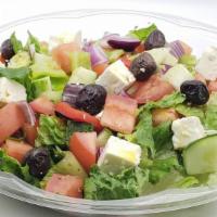 Greek Salad  · Lettuce, tomatoes, cucumber, bell pepper, red onion, olives, feta cheese, oregano, with lemo...