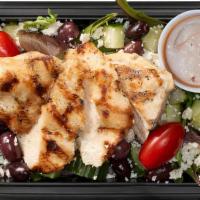 Mediterranean Salad · Plain grilled chicken served over mixed greens with tomato, cucumber, red onion, olives & fe...
