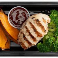 Bro Science · Grilled lemon-herb chicken breast, sliced roasted sweet potato and steamed broccoli served w...