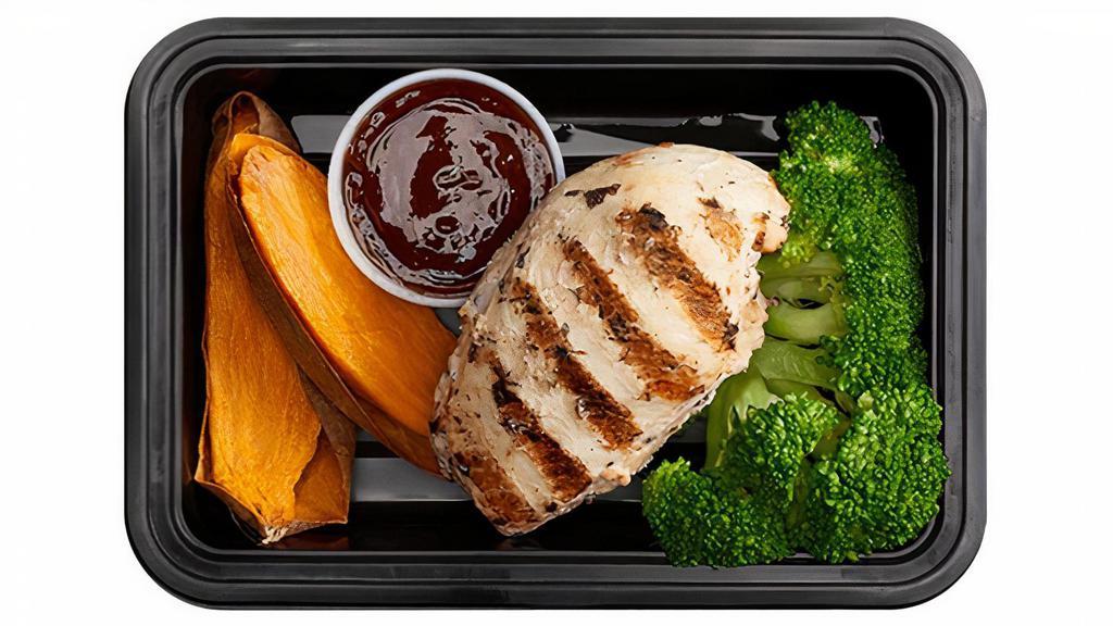 Bro Science · Grilled lemon-herb chicken breast, sliced roasted sweet potato and steamed broccoli served with a side of BRO-BQ sauce.