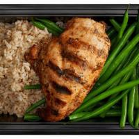 Basics With Green Beans · Grilled chipotle chicken and brown rice, served with a side of plain green beans.