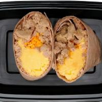 Breakfast Wrap · Homemade turkey breakfast sausage, scrambled eggs & cheddar cheese in a whole wheat wrap.