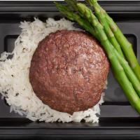 Grass-Fed Post Workout · Dairy-free, gluten-free. A lean grass-fed beef patty served with a side of white rice and st...