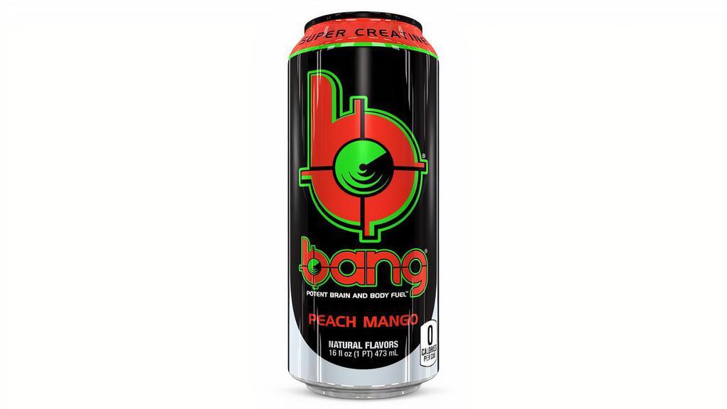 Bang Energy Drink, Peach Mango, 16Oz · BANG® is not your stereotypical high sugar, life-sucking soda masquerading as an energy drink!

High sugar drinks spike blood sugar producing metabolic mayhem causing you to crash harder than a test dummy into a brick wall. Power up with BANG’s potent brain & body-rocking fuel: Creatine, Caffeine, & EAAs (Enhanced Amino Acids). This is one energy drink you need to try!