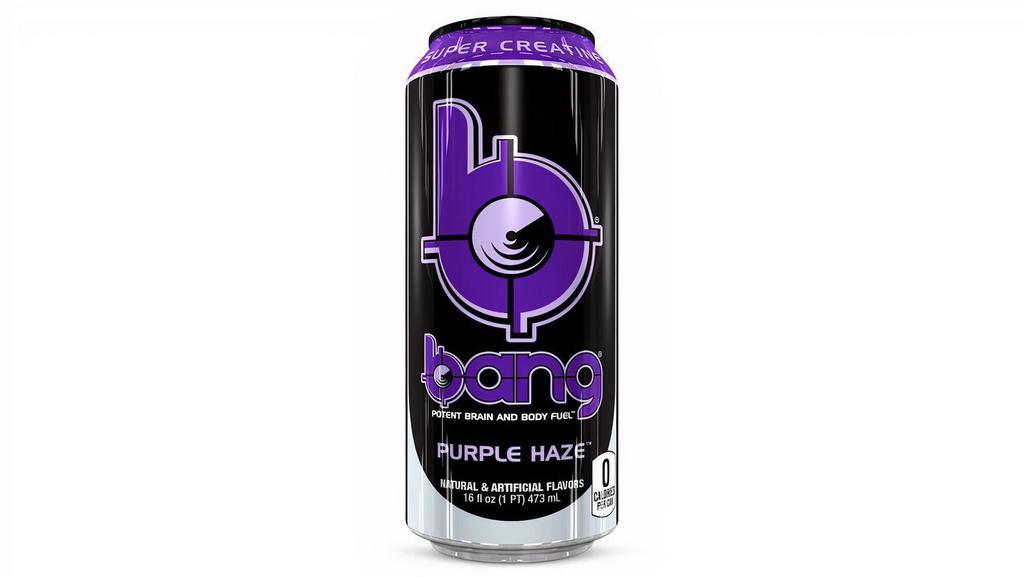 Bang Energy Drink, Purple Haze, 16Oz · BANG® is not your stereotypical high sugar, life-sucking soda masquerading as an energy drink!

High sugar drinks spike blood sugar producing metabolic mayhem causing you to crash harder than a test dummy into a brick wall. Power up with BANG’s potent brain & body-rocking fuel: Creatine, Caffeine, & EAAs (Enhanced Amino Acids). This is one energy drink you need to try!