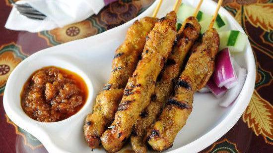 Satay Chicken Or Beef (5) · Hot & Spicy. Marinated grilled chicken or beef skewer served with peanut sauce