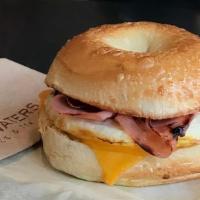 Bagel Breakfast Sandwich · Freshly baked classic bagel with Papetti egg and Block & Barrel Imperial cheddar cheese