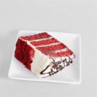 Red Velvet Cake · Filled with chocolate truffle layers & cream cheese frosting (four layers of at least one in...