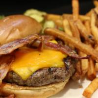 Jams Burger · Bacon, aioli, house made pickles, red onion, lettuce, local cheddar, and French fries.