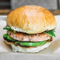 Steelhead Salmon Burger · Fresh salmon patty, avocado, cucumber, cilantro, spicy sesame aioli