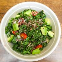 Quinoa Bowl · Red and white quinoa, green kale, pickled onions, cherry tomatoes, cucmber, avocado, lemon v...