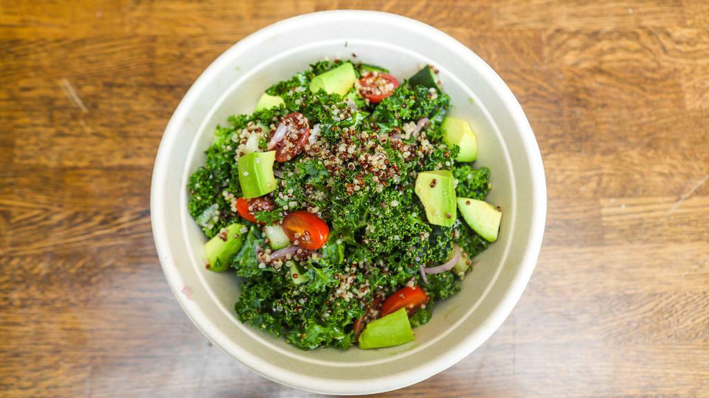 Quinoa Bowl · Red and white quinoa, green kale, pickled onions, cherry tomatoes, cucmber, avocado, lemon vinaigrette