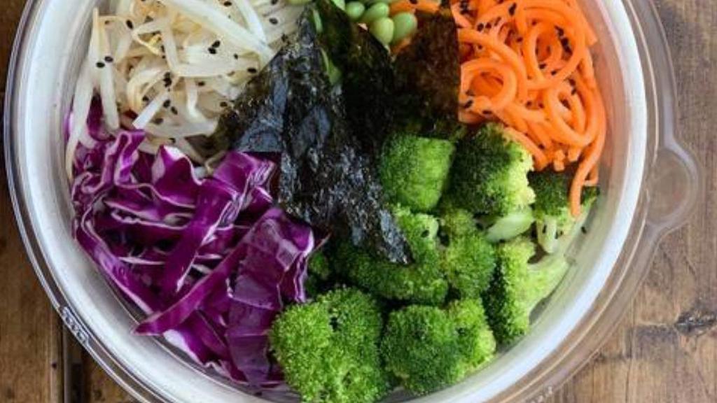 Sweet Chili Salad Bowl · Broccoli, red cabbage, noodled carrots, bean sprouts, edamame, tossed in sweet chili dressing topped with seaweed and black sesame seeds.