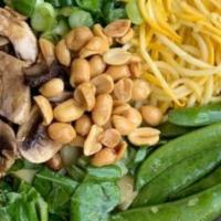 Thai Peanut Salad Bowl · Baby bok choy, green scallions, mushrooms, snap peas, yellow squash noodles, tossed in sesam...