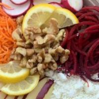 Citrus Mojo Salad Bowl · Shredded carrots, nodded beets, radish, diced apples topped with walnuts and goat cheese and...