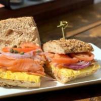 Acme Lox Breakfast · Acme lox, with raw onions, sliced tomatoes, capers and free-range eggs.