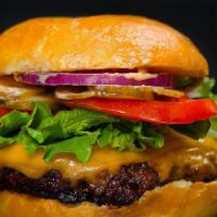 American Cheese Burger · Six oz angus beef patty, brioche burger bun, two slices of American cheese, lettuce, tomato ...