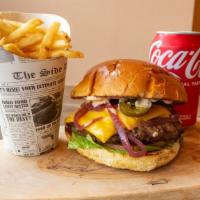 Boss Burger, Fries & Choice Of Can Soda · Boss burger combo, comes with French fries and can soda.