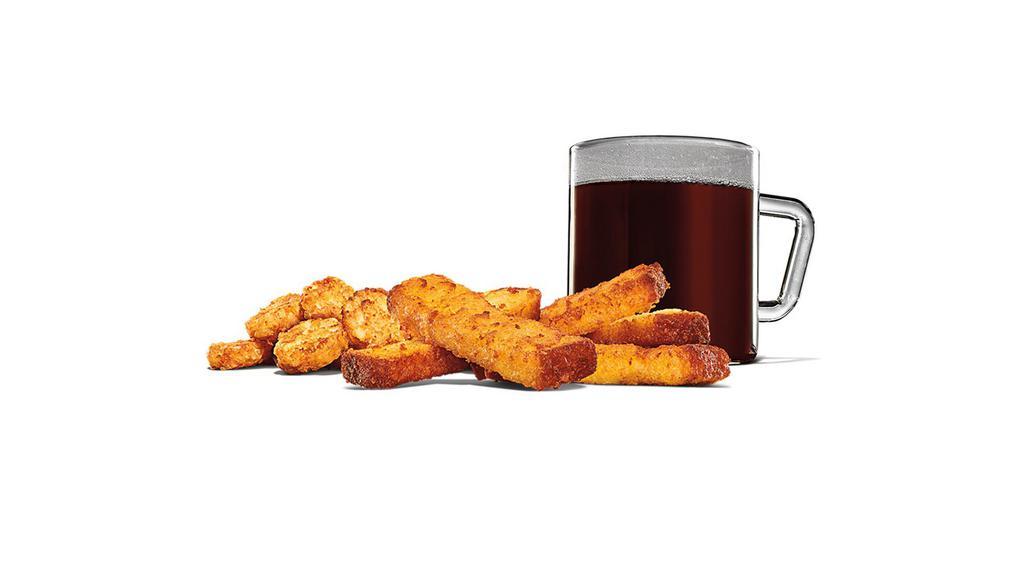 5Pc French Toast Meal · Sweet, golden brown, and piping hot, our five-piece French Toast Sticks are perfect for dipping in a side of sweet syrup while you’re on the go. Meal comes in medium and large sizes. Served with Hash Browns, your choice of Drink.