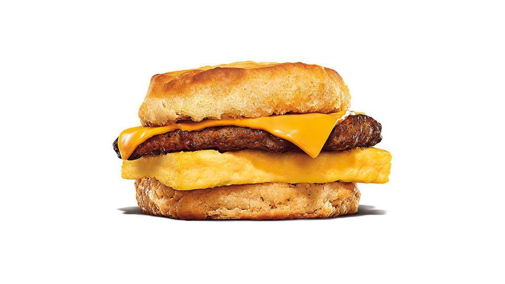Sausage, Egg & Cheese Biscuit · Rise and shine with our Sausage, Egg & Cheese Biscuit. Savory seasoned sausage, fluffy eggs, and creamy American cheese are layered carefully between one of our warm buttermilk biscuits.