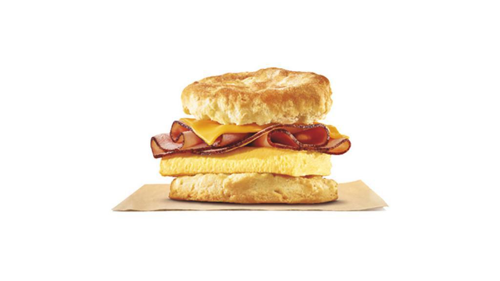 Ham, Egg & Cheese Biscuit · Rise and shine with our Ham, Egg & Cheese Biscuit. Succulent black forest ham, fluffy eggs, and creamy American cheese are layered carefully between one of our warm buttermilk biscuits.
