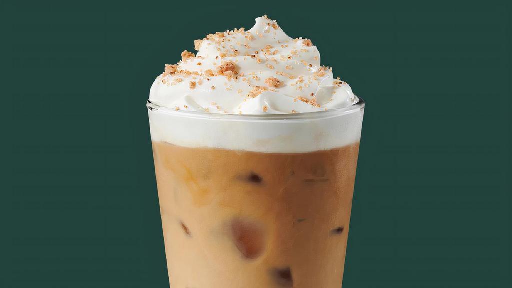 Iced Chestnut Praline Latte · Our signature espresso, steamed milk and flavors of caramelized chestnuts and spices. Topped with whipped cream and spiced praline crumbs.