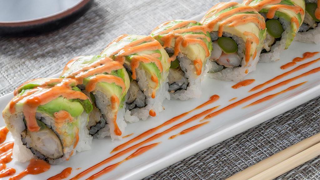 *Perfect Fantasy Roll · Avocado-wrapped shrimp tempura and asparagus, with spicy mayo