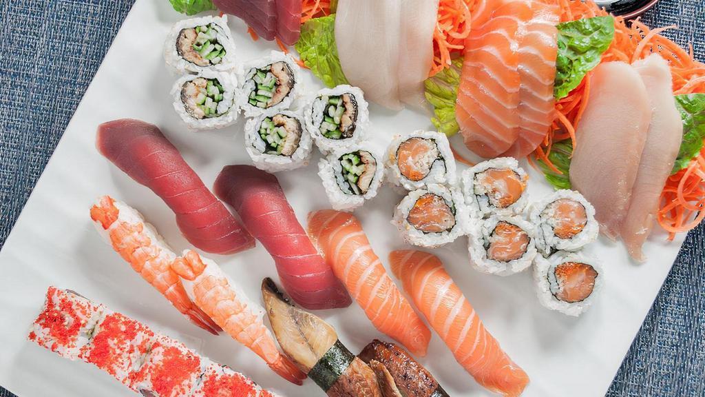 *Sushi & Sashimi For Two†  · 4 tuna, 4 salmon, 2 shrimp, 2 yellowtail,. 2 eel, 2 albacore tuna, 1 each Eel Cucumber, Tuna Avocado Caviar, Crunchy Spicy Salmon Rolls
