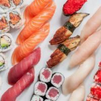 *Sushi For Two†  · 2 tuna, 2 yellowtail, 3 salmon, 2 eel, 2. albacore tuna, tobiko caviar, 1 each California,. ...