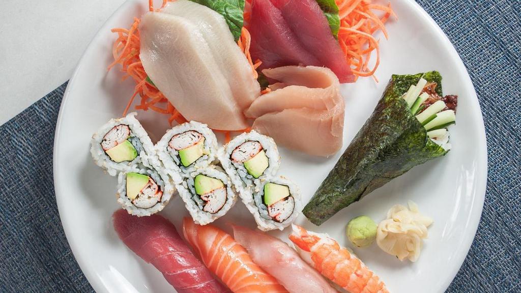*Sushi & Sashimi†  · 3 tuna, whitefish, salmon, 2 yellowtail,. 2 albacore tuna, shrimp, Eel Cucumber. Hand Roll, California Roll