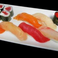 *Sushi With Tuna Roll · 2 tuna, whitefish, salmon, yellowtail,. albacore tuna, shrimp, tobiko caviar, and Tuna Roll