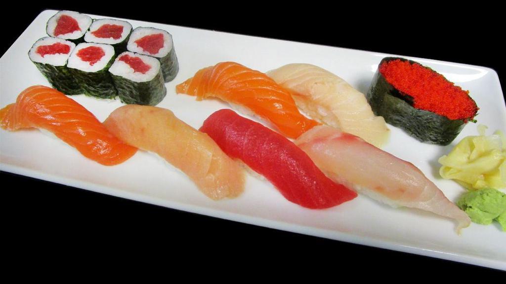 *Sushi With Tuna Roll · 2 tuna, whitefish, salmon, yellowtail,. albacore tuna, shrimp, tobiko caviar, and Tuna Roll