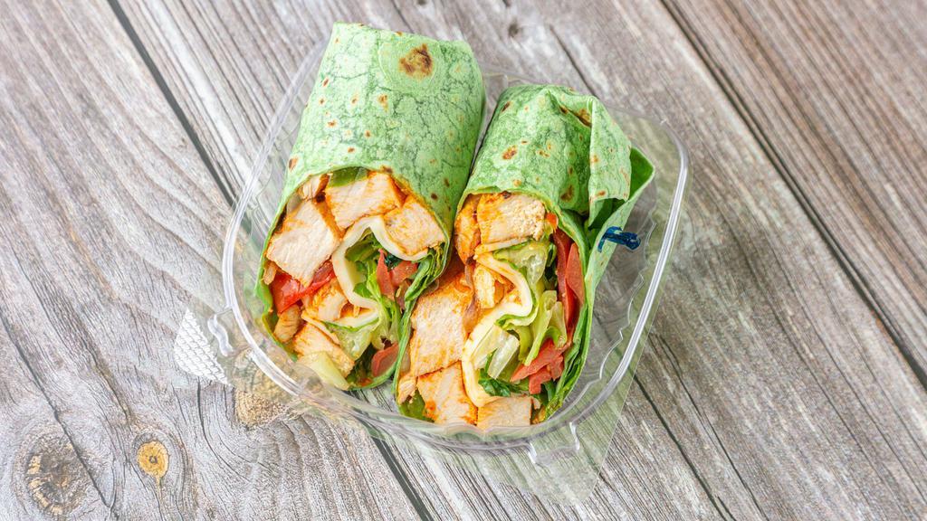 Chicken Caesar Wrap · Grilled chicken, romaine, croutons, parmesan, and caesar dressing.