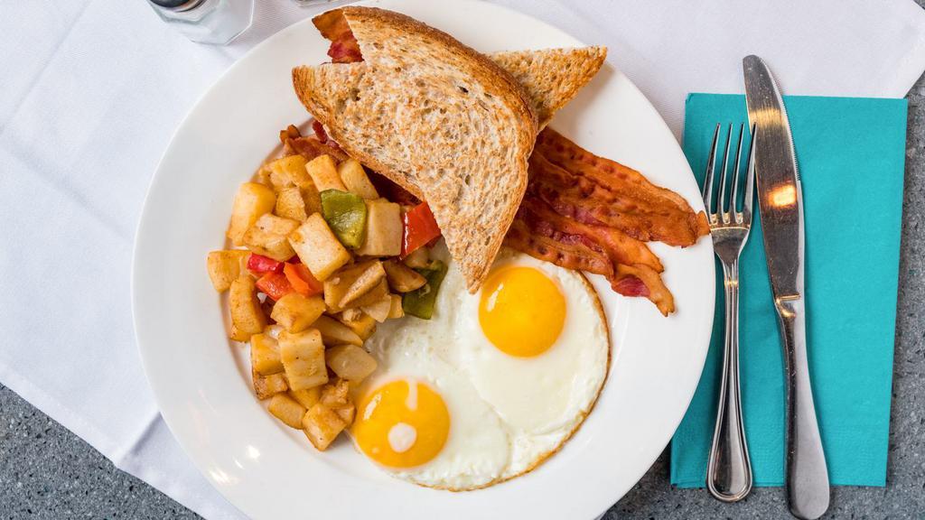 Traditional American Breakfast · Two eggs any style, bacon, home fries and toast.