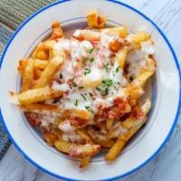 Bacon Cheese Fries · Crispy, golden, seasoned fries smothered with melty cheese and smoky, crispy bacon pieces.