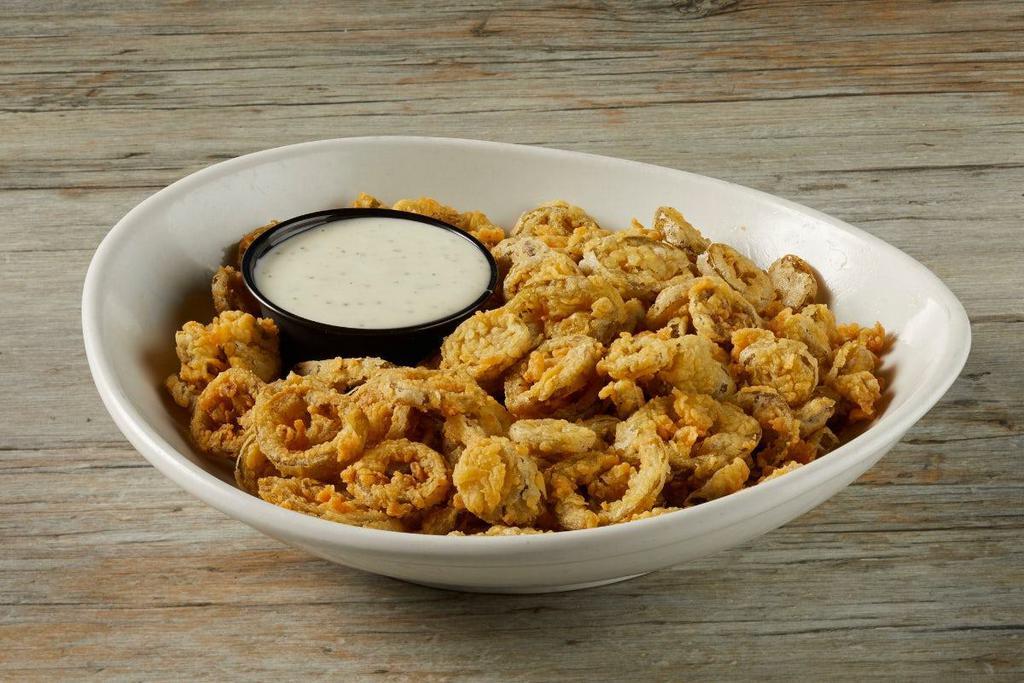 Fried Jalapenos · Pickled jalapeno slices, battered and fried to a crispy golden brown. Served with Ranch. .