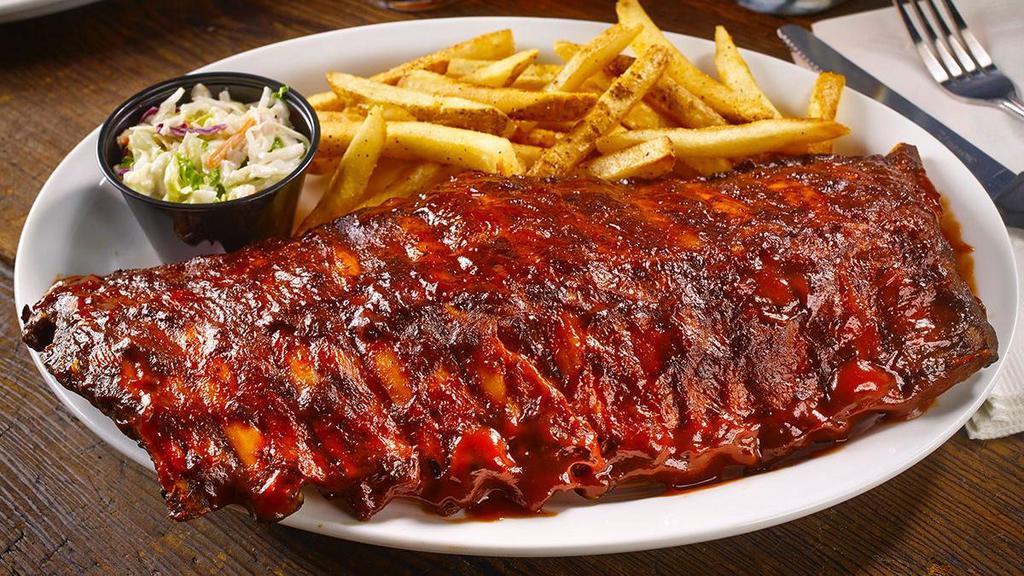 Barbeque Baby Back Ribs- Full Rack · Slow roasted, tender to the bone, basted in sweet and tangy bbq sauce, coleslaw.