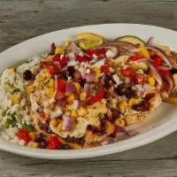 Cilantro Lime Chicken · Grilled chicken breasts, cilantro lime butter, black bean-corn salsa, pico de gallo, queso f...