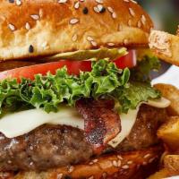 Bacon Cheeseburger* · Melted white American cheese, peppered bacon, green leaf lettuce, beefsteak tomato, dill pic...