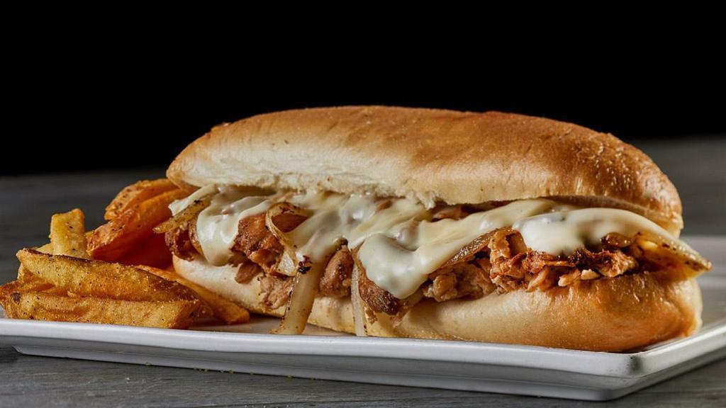 Chicken Philly · Grilled, sliced chicken, sautéed onions, melted white American cheese, hoagie roll.