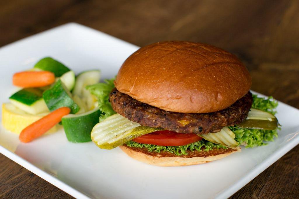 Gardein® Chipotle Black Bean Veggie Burger* · Brown rice, roasted corn and bell pepper patty, green leaf lettuce, beefsteak tomato and dill pickle.