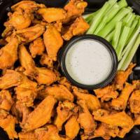 Party Platter 50 Fresh Chicken Wings · Served with your choice of sauce  and Ranch  or Blue Cheese dressing