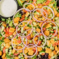 Party Platter House Salad · Roma tomatoes, cucumbers, red onion, Monterey Jack and cheddar cheeses, croutons, field gree...