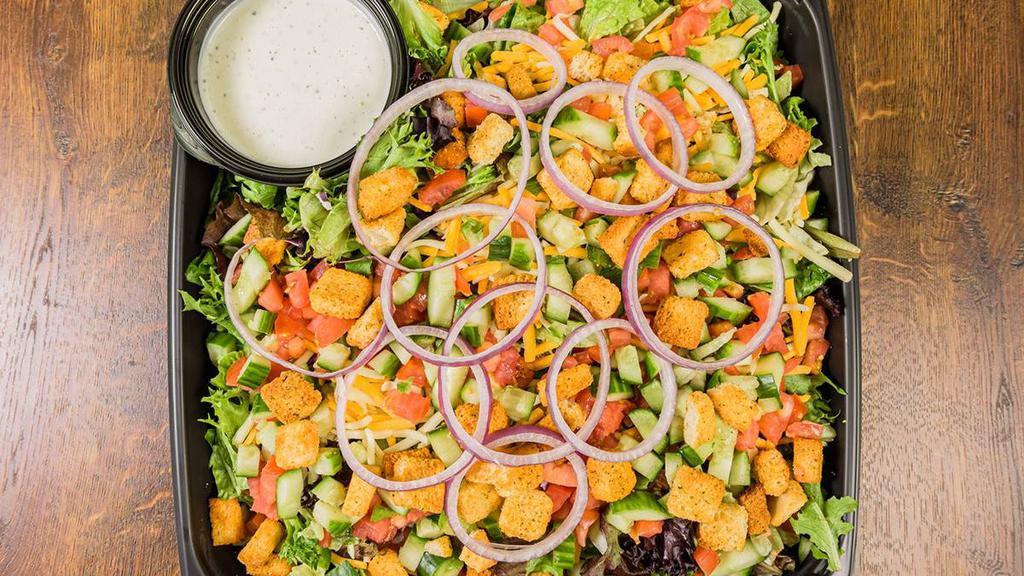 Party Platter House Salad · Roma tomatoes, cucumbers, red onion, Monterey Jack and cheddar cheeses, croutons, field greens. .