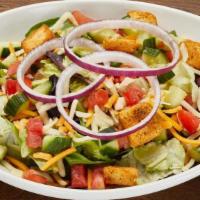 House Salad · Roma tomatoes, cucumbers, red onion, Monterey Jack and cheddar cheeses, croutons, field gree...