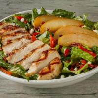 Chicken & Pear Salad · Grilled chicken, brown sugar roasted pears, candied pecans, crumbled goat cheese, romaine, t...