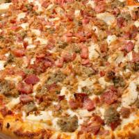 Fully Loaded Pizza · Tomato pizza sauce, grilled chicken, meatball, sausage, bacon and mozzarella cheese.
