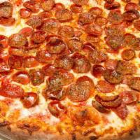 The Double Down™ Pizza · Tomato pizza sauce, Perri's famous pepperoni and beef pepperoni, mozzarella cheese, pecorino...