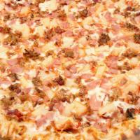 Hawaiian Pizza · Tomato pizza sauce, chopped ham, bacon, pineapple and mozzarella cheese.